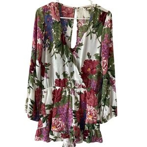 Show Me Your Mumu‎ Roxy Romper Womens Small Floral Long Sleeve Ruffle White Red